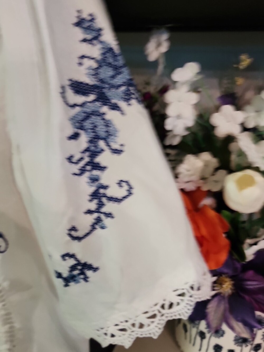 Joie White Embroidered Lace-Trim Peasant Blouse with Blue Floral Stitching - Picture 5 of 9